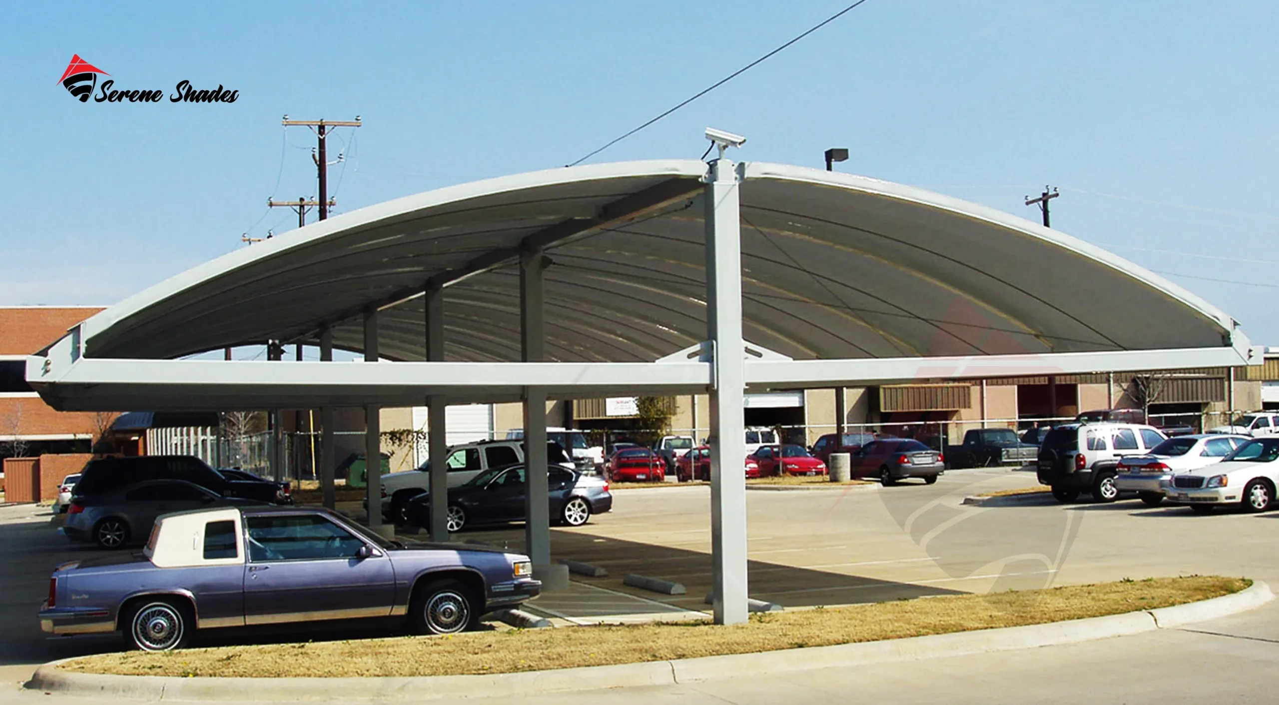 Modern aluminum louvered shade structure for vehicle protection