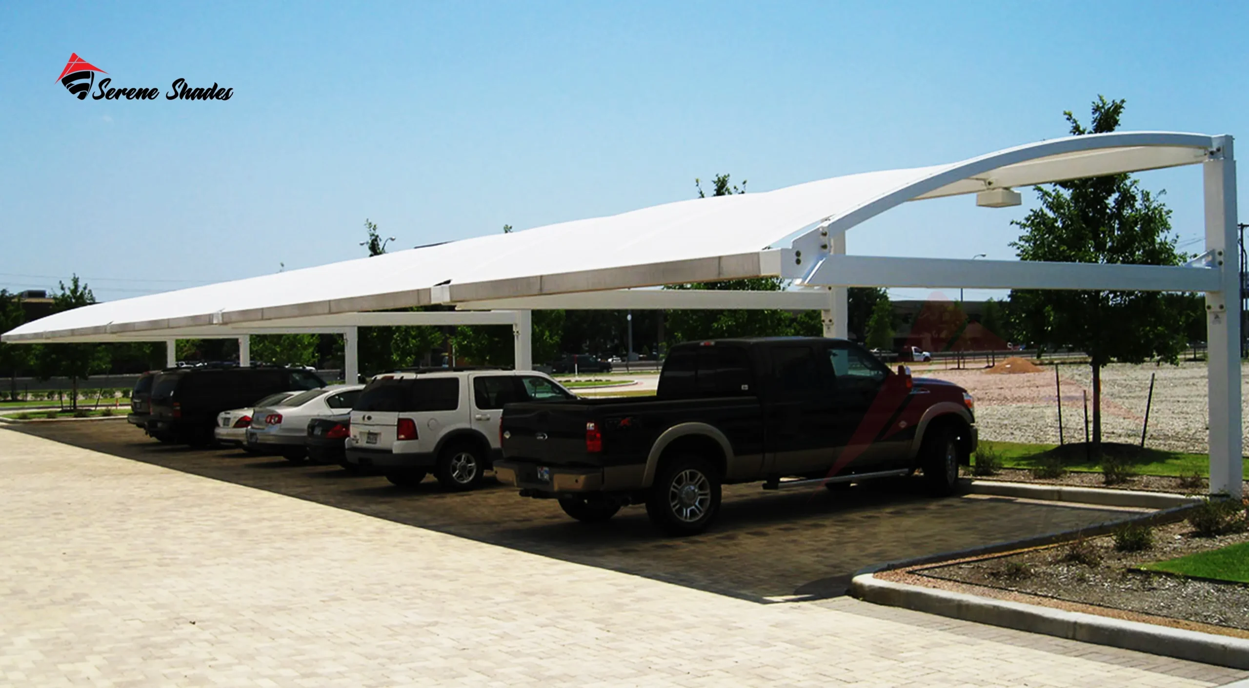 Sleek aluminum louvered car parking shade providing ventilation