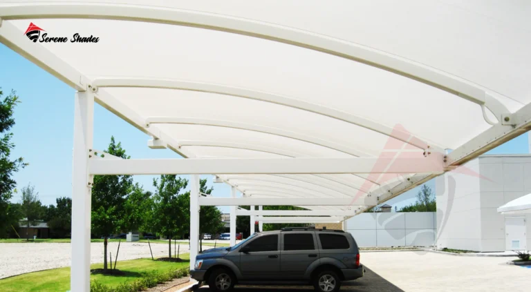 Aluminum louvered parking shade offering sun and rain protection