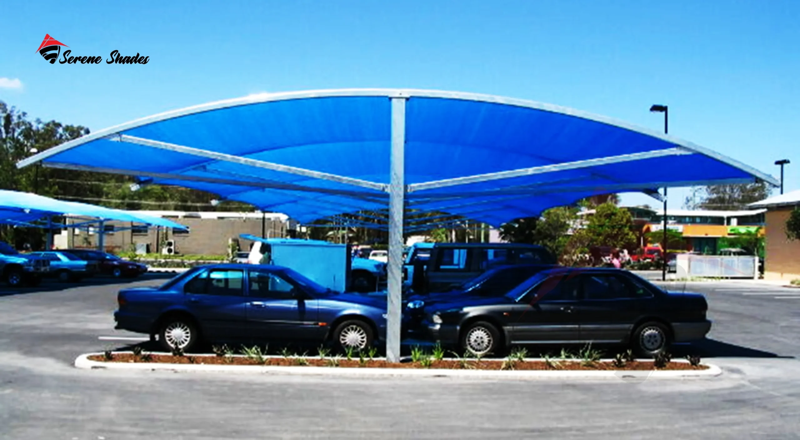 Spacious commercial parking lot shades providing vehicle protection