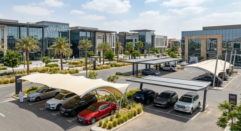 Modern car parking shade designs featuring contemporary tensile and cantilever structures