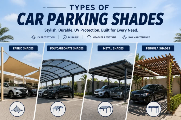 Types of car parking shades featuring fabric, polycarbonate, metal, and pergola shade structures installed in modern residential and commercial parking areas for vehicle protection.