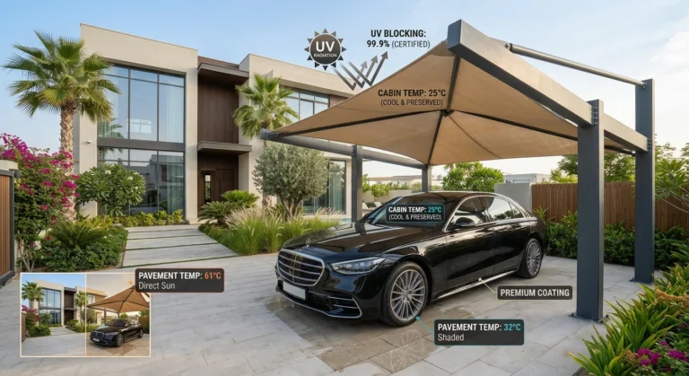 Car parking shade protecting a vehicle from sunlight and weather damage for long-lasting vehicle life