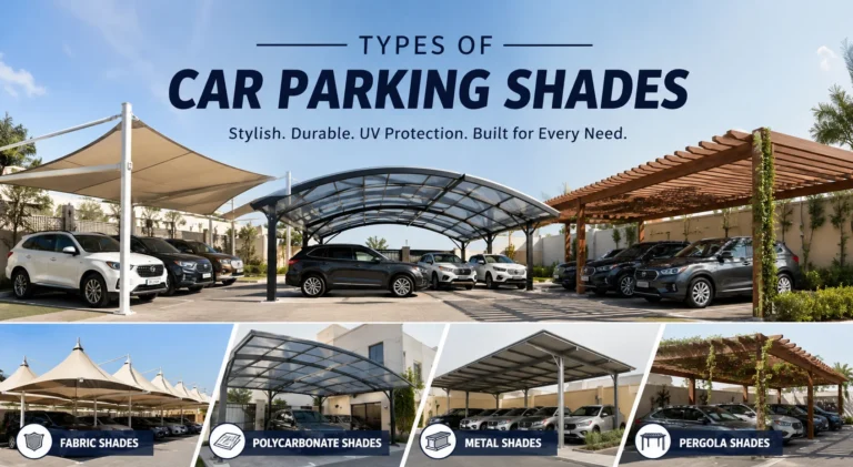 Types of car parking shades including fabric, polycarbonate, metal, and pergola shade structures protecting vehicles in a modern outdoor parking area.